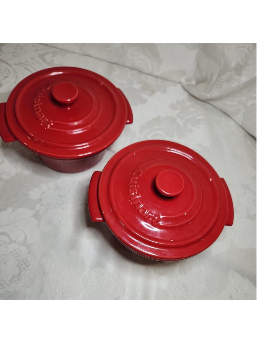 2 Mini CUISINART RED CERAMIC BAKEWARE Casseroles Ramekins W LID 10 Oz